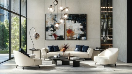 Modern living room interior design with city view