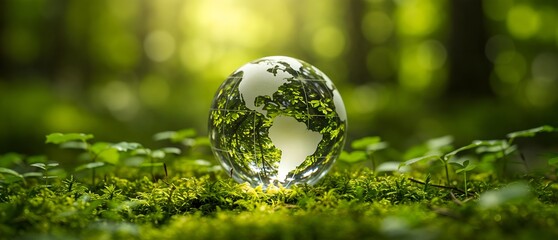 Transparent glass Earth globe on lush moss in a forest, representing global ecology, environmental awareness and the need for sustainable living banner and cover