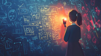 Professional Woman Studying Mathematical Formulas Concepts on Wall Display