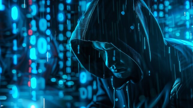 Hooded hacker rain binary code data breach security