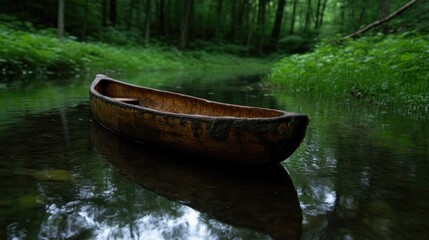 Wooden canoe on still water, tranquil forest