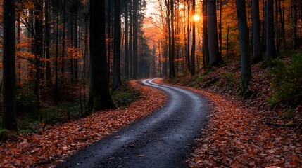 Vibrant Autumn Forest Path with Colorful Leaves and Sunset