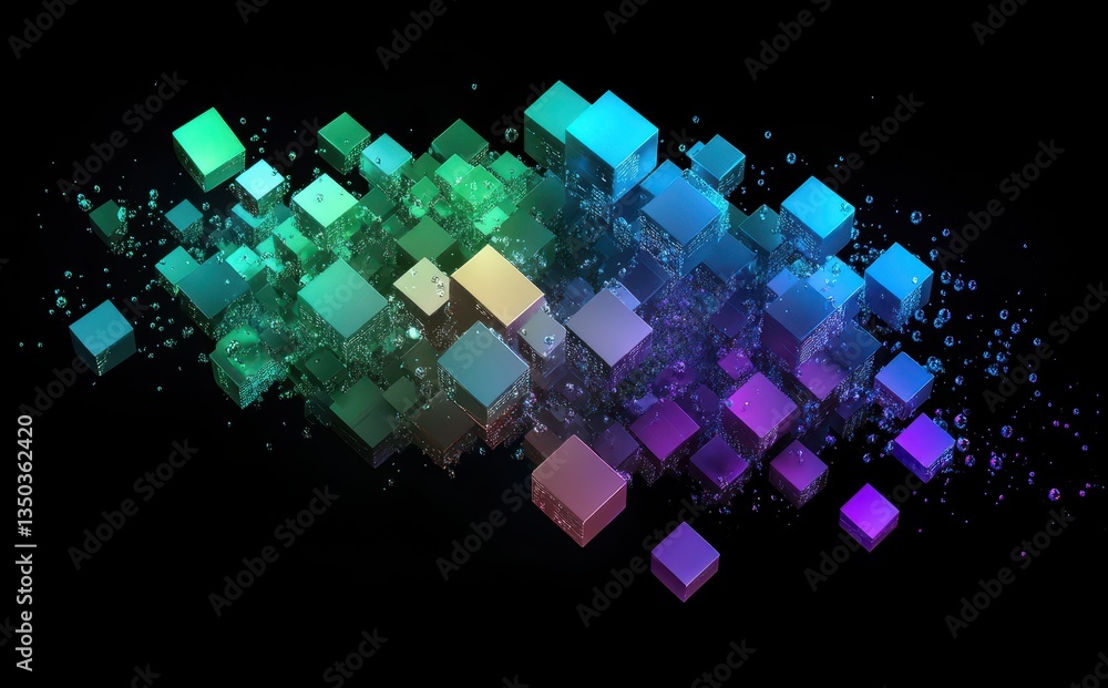 Poster colorful cubes floating in a black space with bubbles creating a stunning visual display of abstract