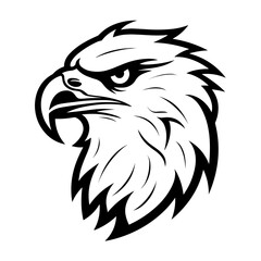 A bold and detailed silhouette of a hawk's head, showcasing its sharp beak, fierce gaze, and streamlined shape. Ideal for wildlife illustrations, sports logos, military insignias