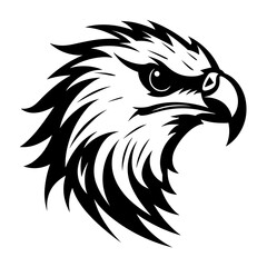 A bold and detailed silhouette of a hawk's head, showcasing its sharp beak, fierce gaze, and streamlined shape. Ideal for wildlife illustrations, sports logos, military insignias