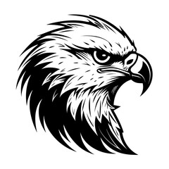 Obraz premium A bold and detailed silhouette of a hawk's head, showcasing its sharp beak, fierce gaze, and streamlined shape. Ideal for wildlife illustrations, sports logos, military insignias