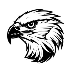 A bold and detailed silhouette of a hawk's head, showcasing its sharp beak, fierce gaze, and streamlined shape. Ideal for wildlife illustrations, sports logos, military insignias