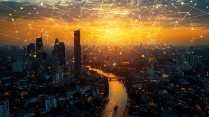 Fototapeta premium Sunset cityscape network aerial view