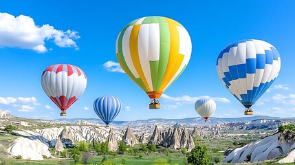 Fototapeta premium Colorful Hot Air Balloons Soaring Over Cappadocia s Unique Landscape