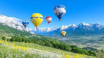 Naklejka premium Colorful Hot Air Balloons Soaring Over Scenic Mountain Valley and Wildflower Meadow