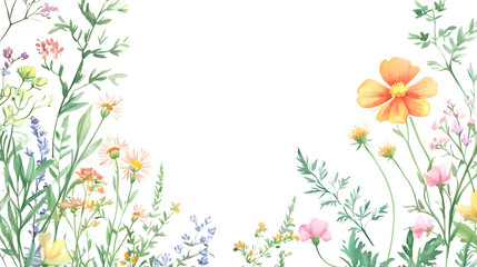 Naklejka premium Circular Frame with Watercolor Blooming Plants Hand Drawn Illustration