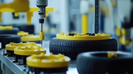 Fototapeta premium Industrial tire production line with rubber being molded into durable tire shapes.