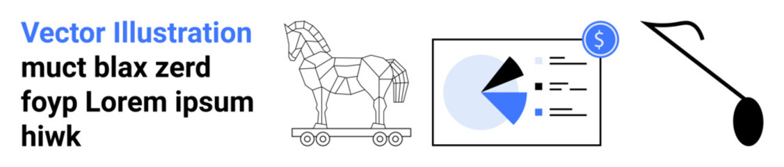 Trojan horse outline on wheels, financial report with pie chart and dollar icon, and a lever emphasize strategy. Ideal for analysis, finance, innovation, planning, problem-solving, and a simple