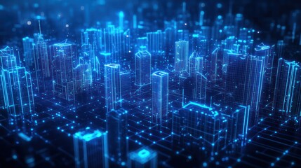 Obraz premium Futuristic city skyline, digital architecture, network, abstract design