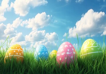 Fototapeta premium Colorful Easter eggs in a grassy field under a bright blue sky adorned with fluffy white clouds, symbolizing springtime celebration and joyfulness.