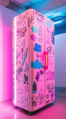 Whimsical patchwork wardrobe with vibrant painted designs for creative spaces