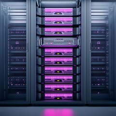 Data Center Servers with Rack, and Purple Light.
