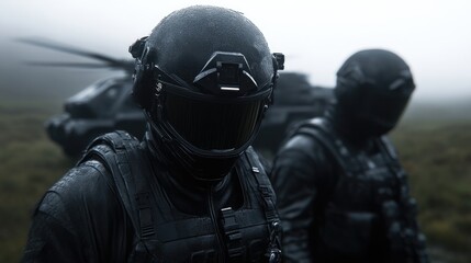 Fototapeta premium Military tactical team in dark, futuristic gear. Foggy, action shot
