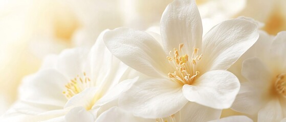 Delicate white jasmine blossoms in soft light evoke serenity and purity