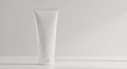 White tube of facial sunscreen with SPF protection on light background. Skincare product for sun protection. Minimalist cosmetic packaging design with copy space.