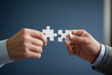 Two hands holding matching puzzle pieces, symbolizing teamwork, collaboration, and strategic partnership in a business context.