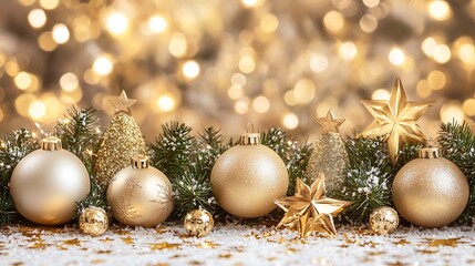 Golden Christmas ornaments, stars, and trees on snowy background with bokeh lights.