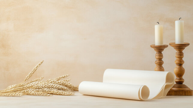 Peaceful torah scroll display with wheat stalks and candle holders for religious significance