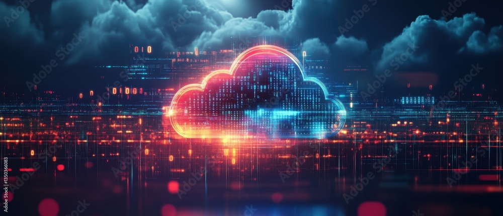 Poster digital technology background with a glowing cloud and binary code, featuring the concept of digital