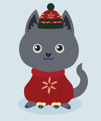 Flat Design Winter Illustration with Gray Cat wearing Sweater and Hat	