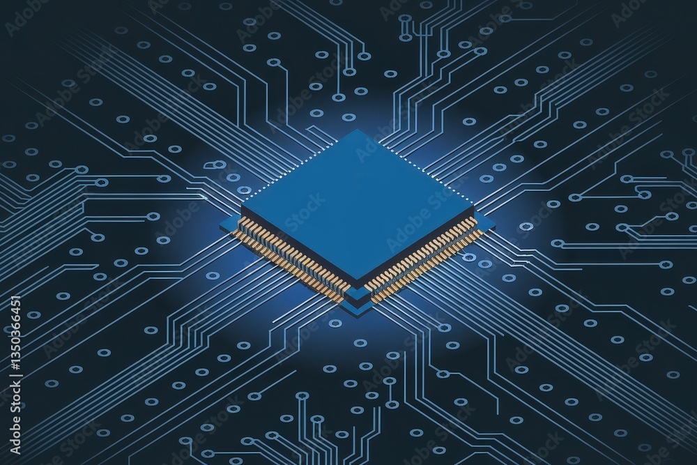 Poster digital circuit board with a microchip at the center, featuring intricate connections and pathways.