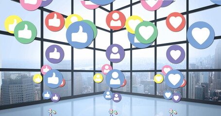 Image of multiple colourful digital social media icons flying over cityscape