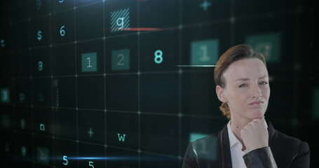Contemplating data analysis, businesswoman with digital numbers in background
