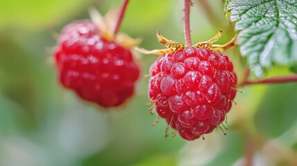 Two red ripe raspberries hanging on the green leafy bush