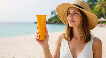Woman holding sunscreen bottle on tropical beach. Caucasian girl in hat and white dress promoting SPF protection. Summer skincare and UV defense concept. Vacation sun safety.