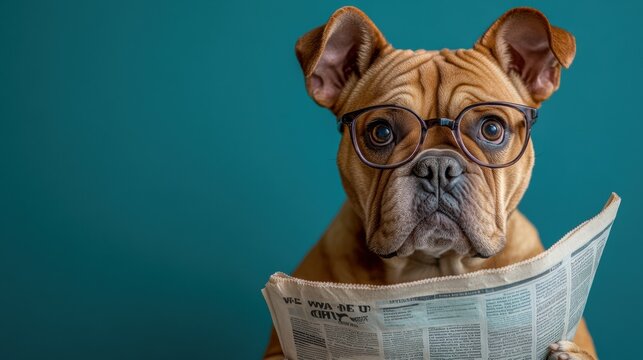 Bulldog with glasses reading the newspaper. Space for text.