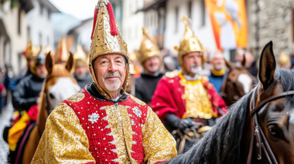 Obraz premium Traditional sorbian easter celebration with swiss men in festive attire