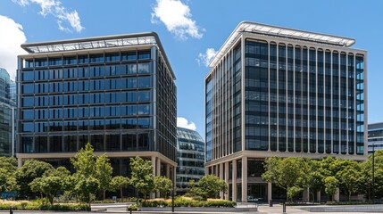 Obraz premium Modern office buildings, city, sunny day, green space