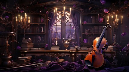 Enchanted Violin in a Gothic Library
