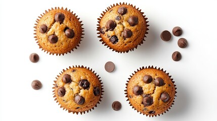 Delicious Chocolate Chip Muffins Isolated on White Background: A Sweet, Classic Treat