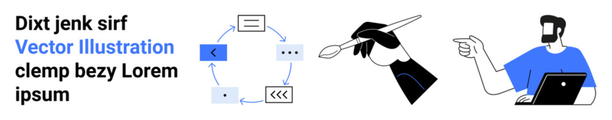 Abstract design flow, paintbrush in hand for artistry, man pointing while using a laptop. Ideal for creativity, teamwork, innovation, design, digital platforms, communication flat landing page