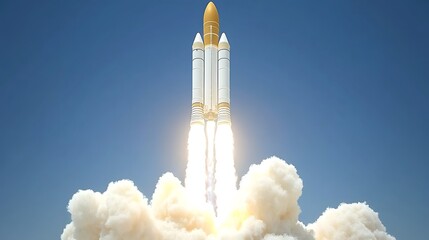 A tall rocket blasts off into the bright blue sky above
