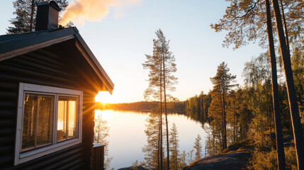 Tranquil finnish lakeside cottage at sunset with scenic view