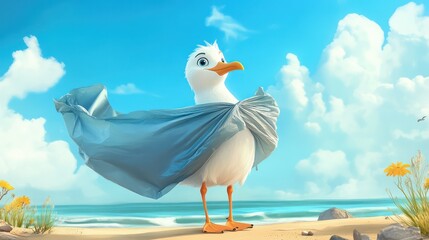 Heroic seagull takes flight on the beach animated adventure sunny environment playful perspective