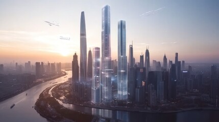 Fototapeta premium Sunrise over Futuristic Megacity Skyline