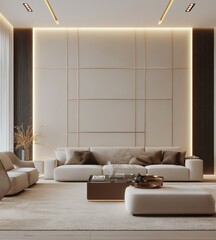 Modern living room with beige sofa and accent chairs, minimalist design, showcasing a neutral color palette