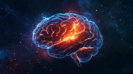 digital illustration of human brain with eletric activity, flashes and light, black background