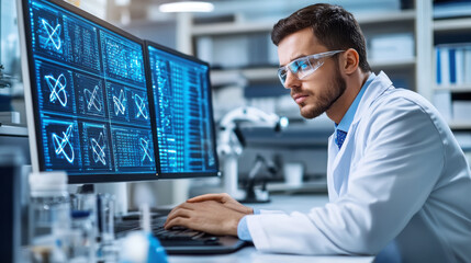 Fototapeta premium Scientist analyzing data on dual monitors in modern laboratory environment for research and innovation