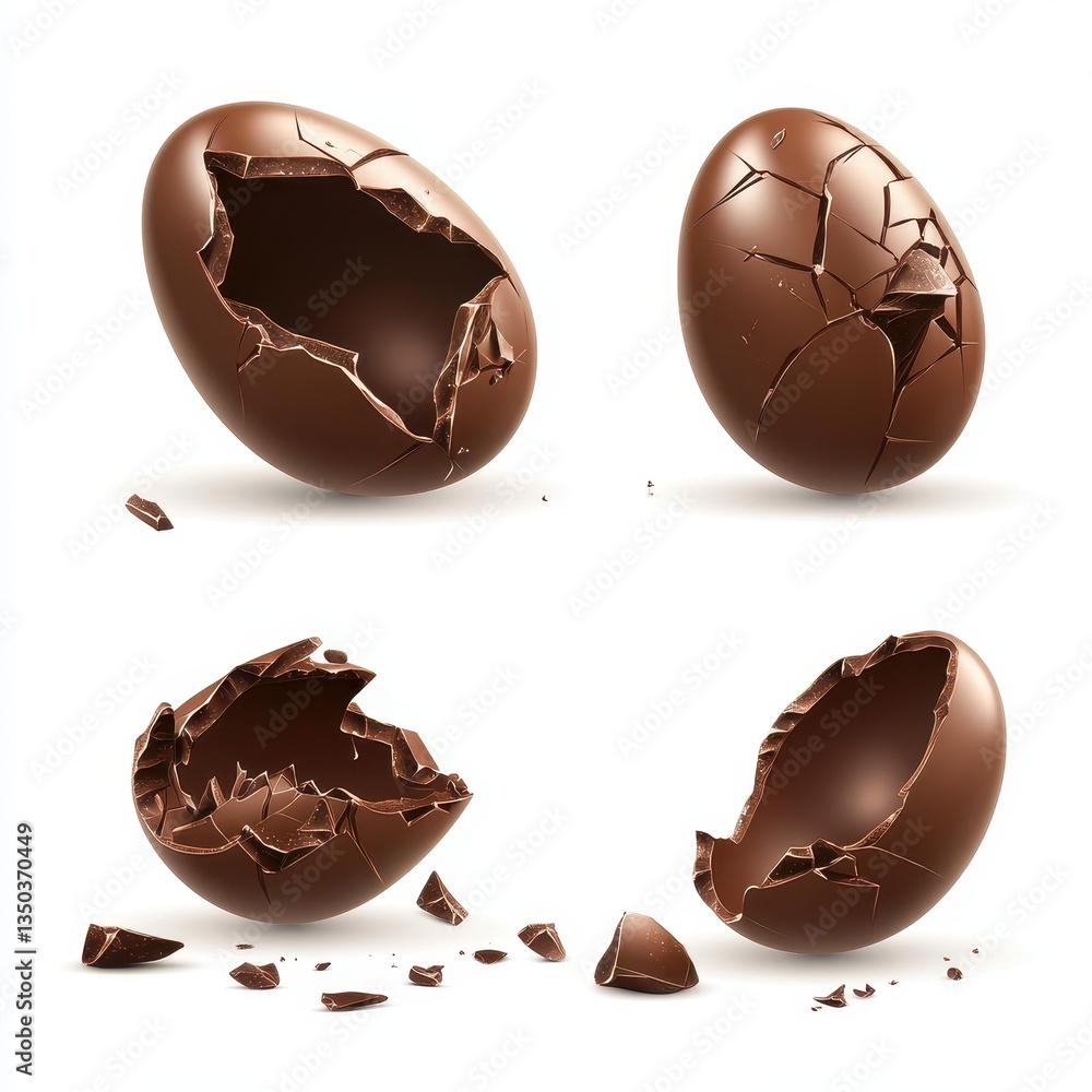 Poster cracked chocolate eggs on a white background with varied breakage patterns showcasing delicious trea