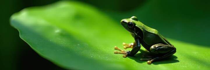 Obraz premium Dark frog shadow stretching across broad leaf, art, evening