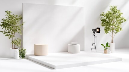 Minimalist studio backdrop with light and plants.  Empty display podiums for product presentation